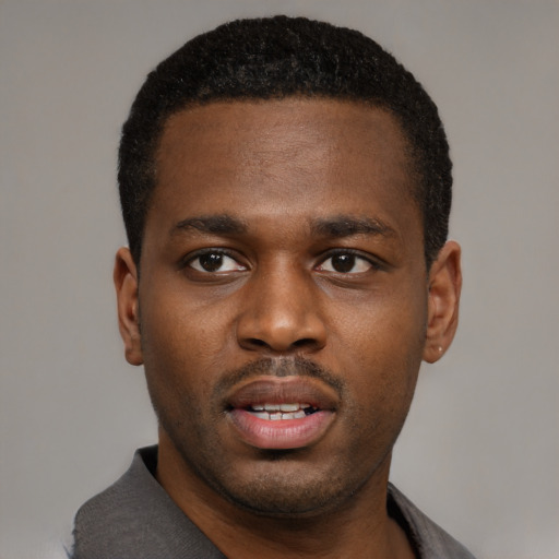 Joyful black young-adult male with short  black hair and brown eyes