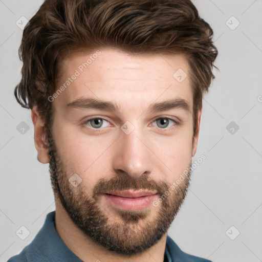 Neutral white young-adult male with short  brown hair and grey eyes