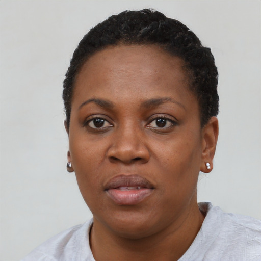 Neutral black young-adult female with short  black hair and brown eyes
