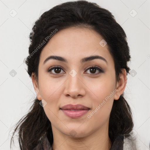 Joyful latino young-adult female with medium  black hair and brown eyes