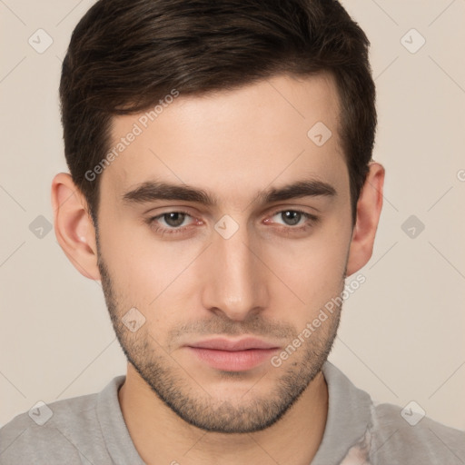 Neutral white young-adult male with short  brown hair and brown eyes