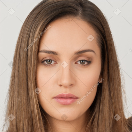 Neutral white young-adult female with long  brown hair and brown eyes