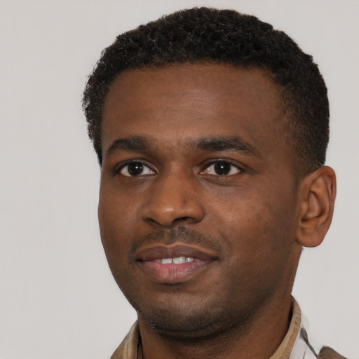Neutral black young-adult male with short  black hair and brown eyes