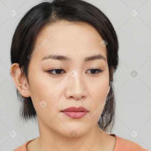 Neutral asian young-adult female with medium  brown hair and brown eyes