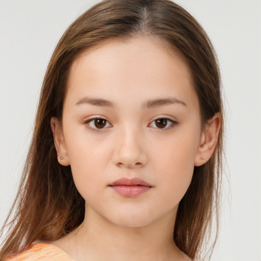 Neutral white child female with long  brown hair and brown eyes