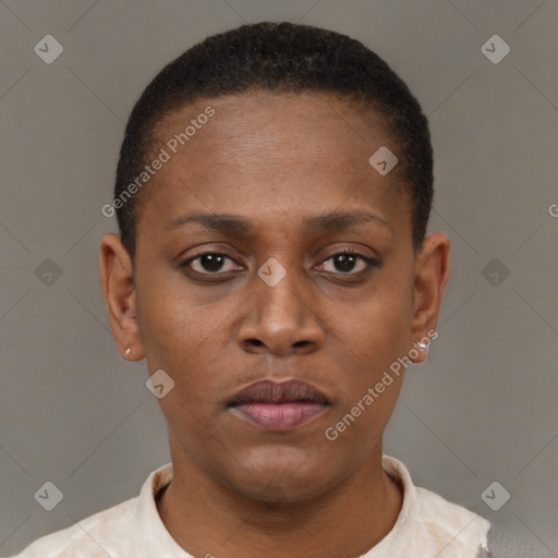 Neutral black young-adult female with short  brown hair and brown eyes