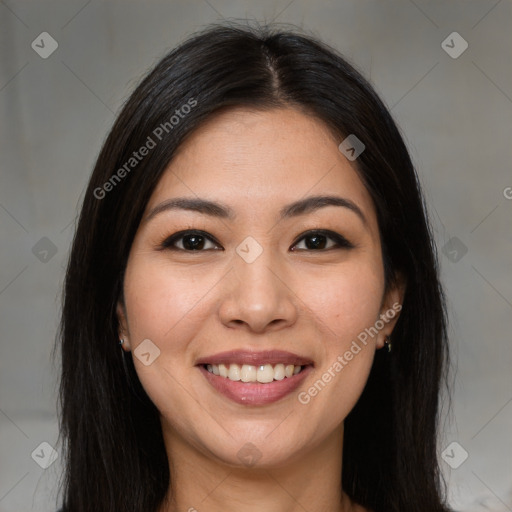 Joyful white young-adult female with long  brown hair and brown eyes