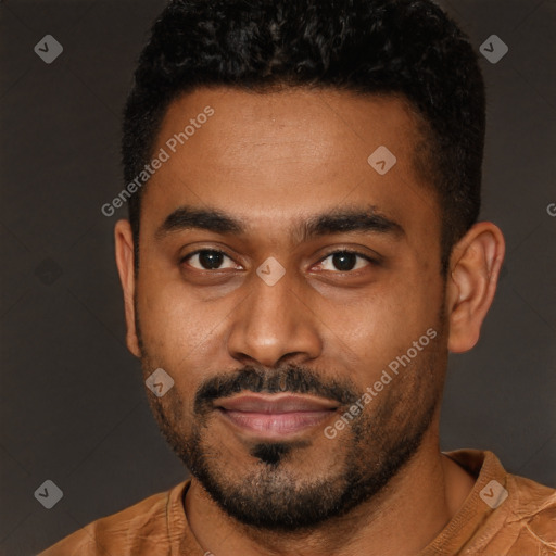 Joyful latino young-adult male with short  brown hair and brown eyes