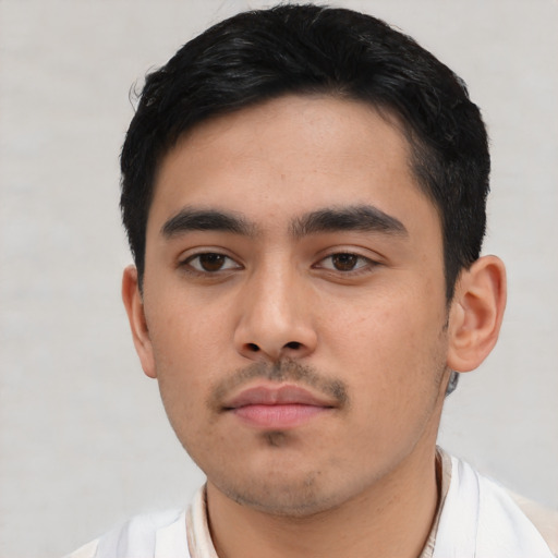 Neutral asian young-adult male with short  black hair and brown eyes