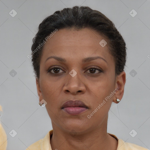 Neutral black adult female with short  brown hair and brown eyes