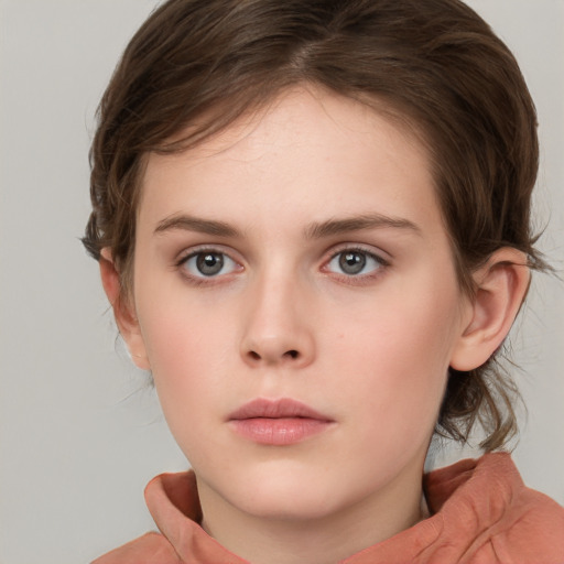 Neutral white young-adult female with medium  brown hair and grey eyes