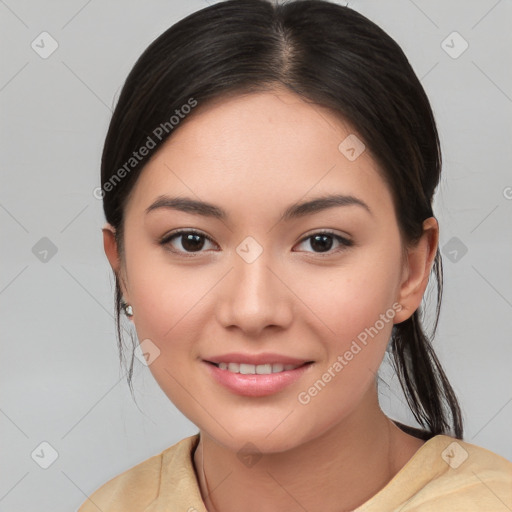 Joyful white young-adult female with medium  brown hair and brown eyes