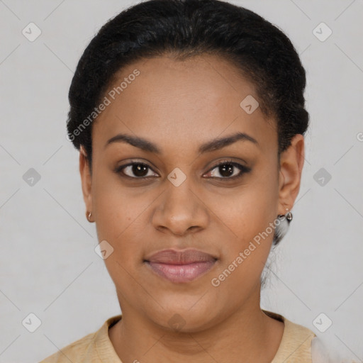 Joyful latino young-adult female with short  black hair and brown eyes