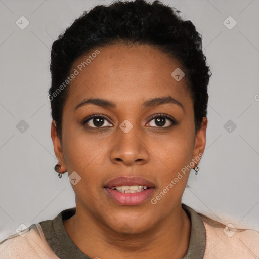 Joyful black young-adult female with short  black hair and brown eyes