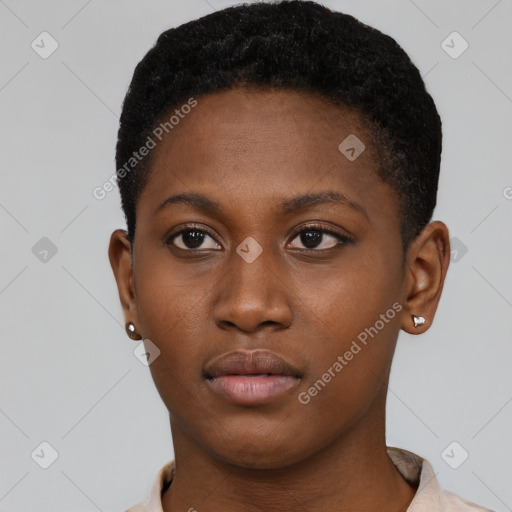 Neutral black young-adult female with short  brown hair and brown eyes