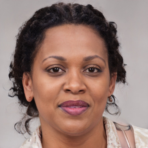 Joyful black adult female with medium  brown hair and brown eyes