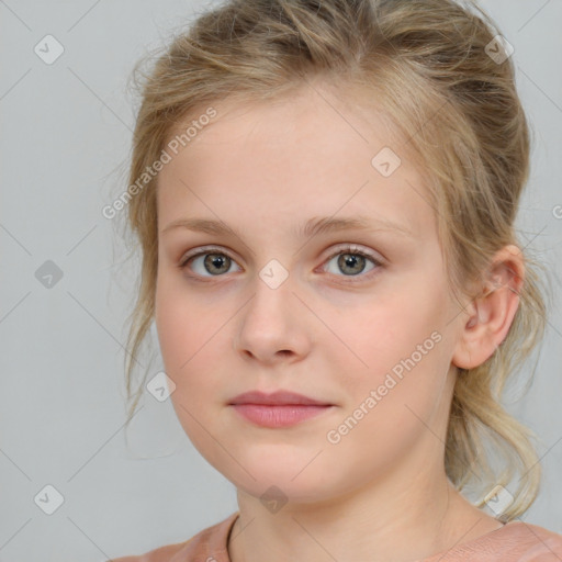 Neutral white child female with medium  brown hair and blue eyes