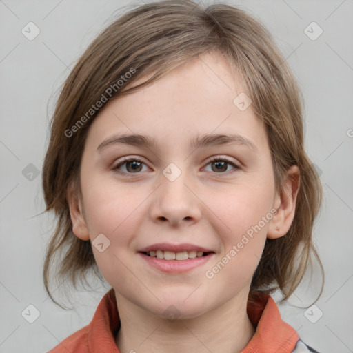 Joyful white child female with medium  brown hair and grey eyes