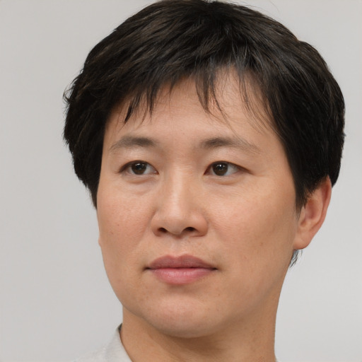 Joyful asian adult male with short  brown hair and brown eyes