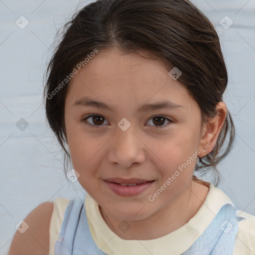 Joyful white child female with medium  brown hair and brown eyes