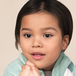 Joyful white child female with medium  brown hair and brown eyes