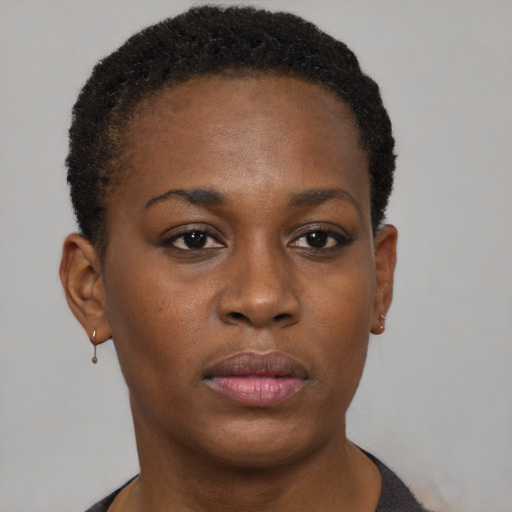 Neutral black young-adult female with short  brown hair and brown eyes