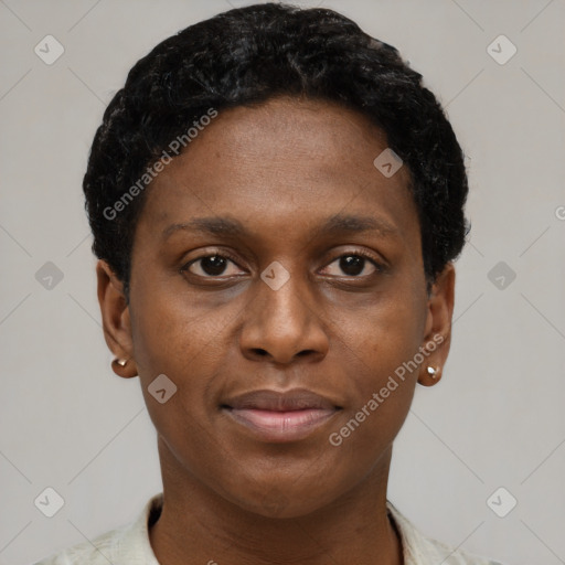 Neutral black young-adult female with short  brown hair and brown eyes