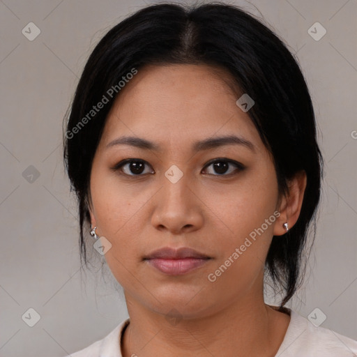 Neutral asian young-adult female with medium  black hair and brown eyes