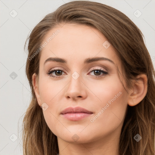 Neutral white young-adult female with long  brown hair and brown eyes