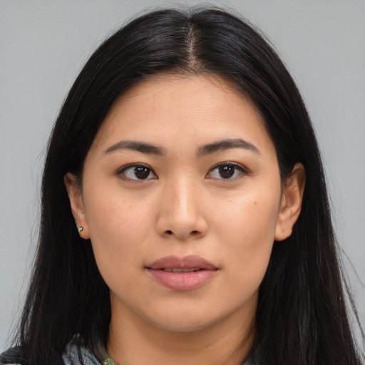 Neutral asian young-adult female with long  black hair and brown eyes