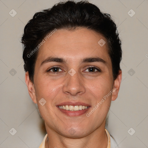 Joyful white young-adult female with short  brown hair and brown eyes