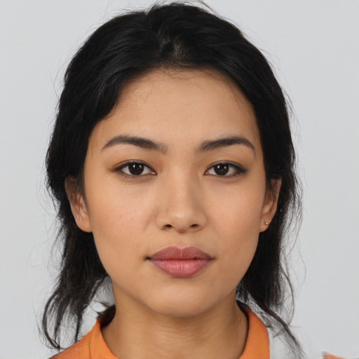 Neutral asian young-adult female with medium  black hair and brown eyes