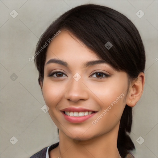 Joyful white young-adult female with medium  brown hair and brown eyes