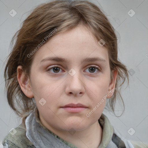 Neutral white young-adult female with medium  brown hair and grey eyes