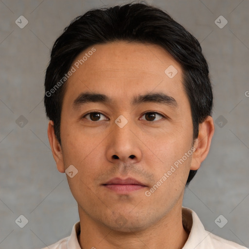 Neutral asian young-adult male with short  black hair and brown eyes