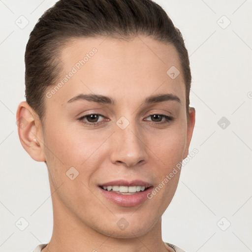 Joyful white young-adult female with short  brown hair and brown eyes