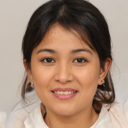 Joyful white young-adult female with medium  brown hair and brown eyes