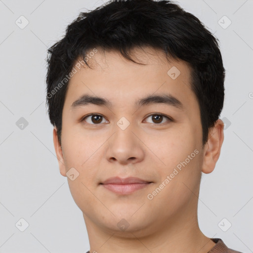 Neutral asian young-adult male with short  black hair and brown eyes