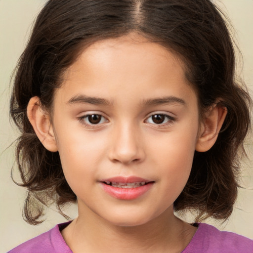 Joyful white child female with medium  brown hair and brown eyes