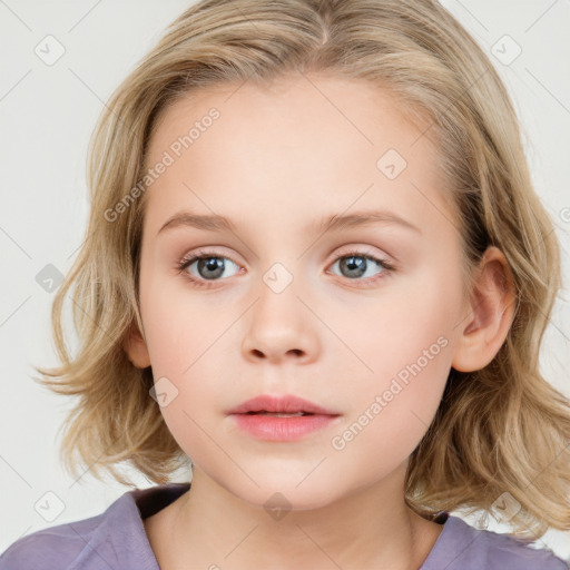 Neutral white child female with medium  brown hair and blue eyes