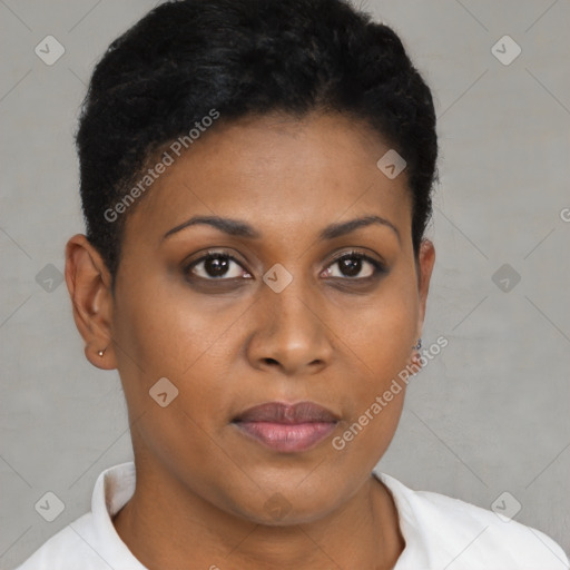 Joyful black young-adult female with short  brown hair and brown eyes