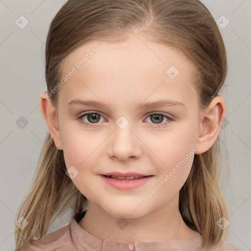 Joyful white child female with medium  brown hair and brown eyes