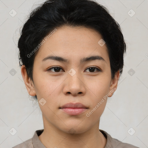 Neutral asian young-adult female with short  brown hair and brown eyes