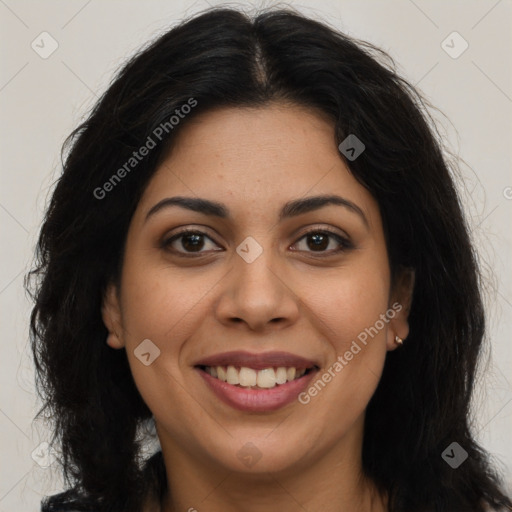 Joyful latino young-adult female with long  brown hair and brown eyes