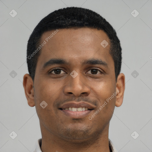 Neutral latino young-adult male with short  black hair and brown eyes