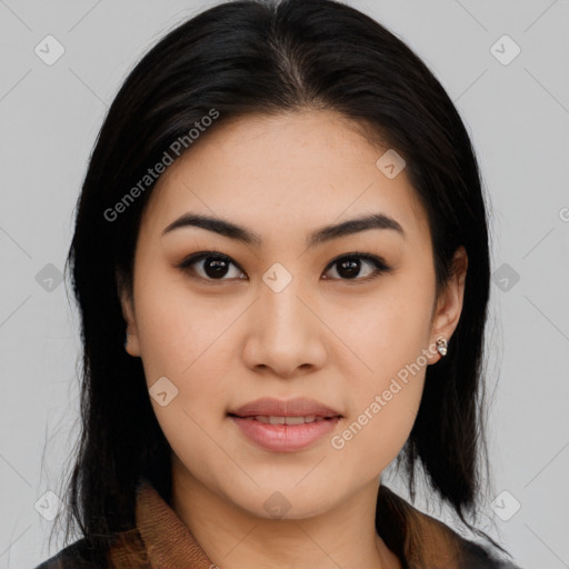 Joyful asian young-adult female with medium  black hair and brown eyes