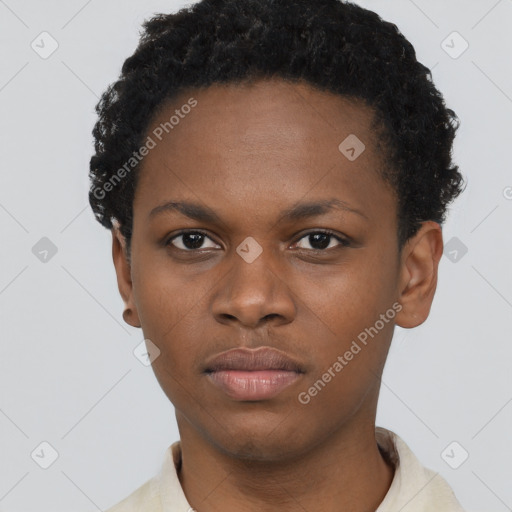 Neutral black young-adult female with short  black hair and brown eyes