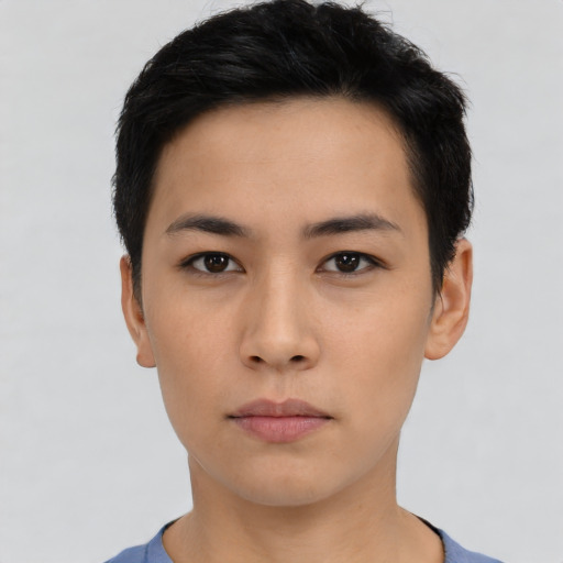 Neutral asian young-adult female with short  black hair and brown eyes