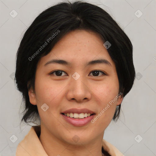 Joyful asian young-adult female with medium  brown hair and brown eyes