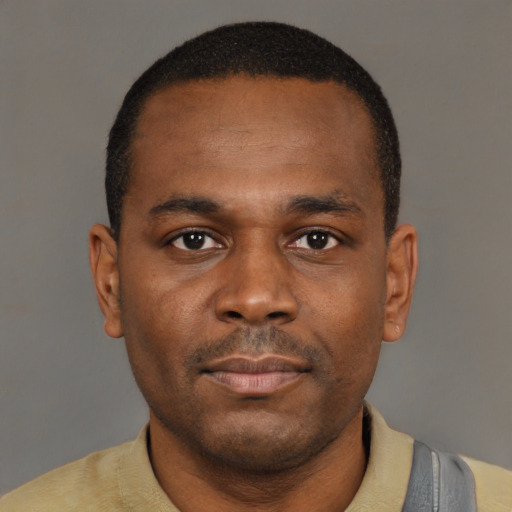 Neutral black young-adult male with short  brown hair and brown eyes